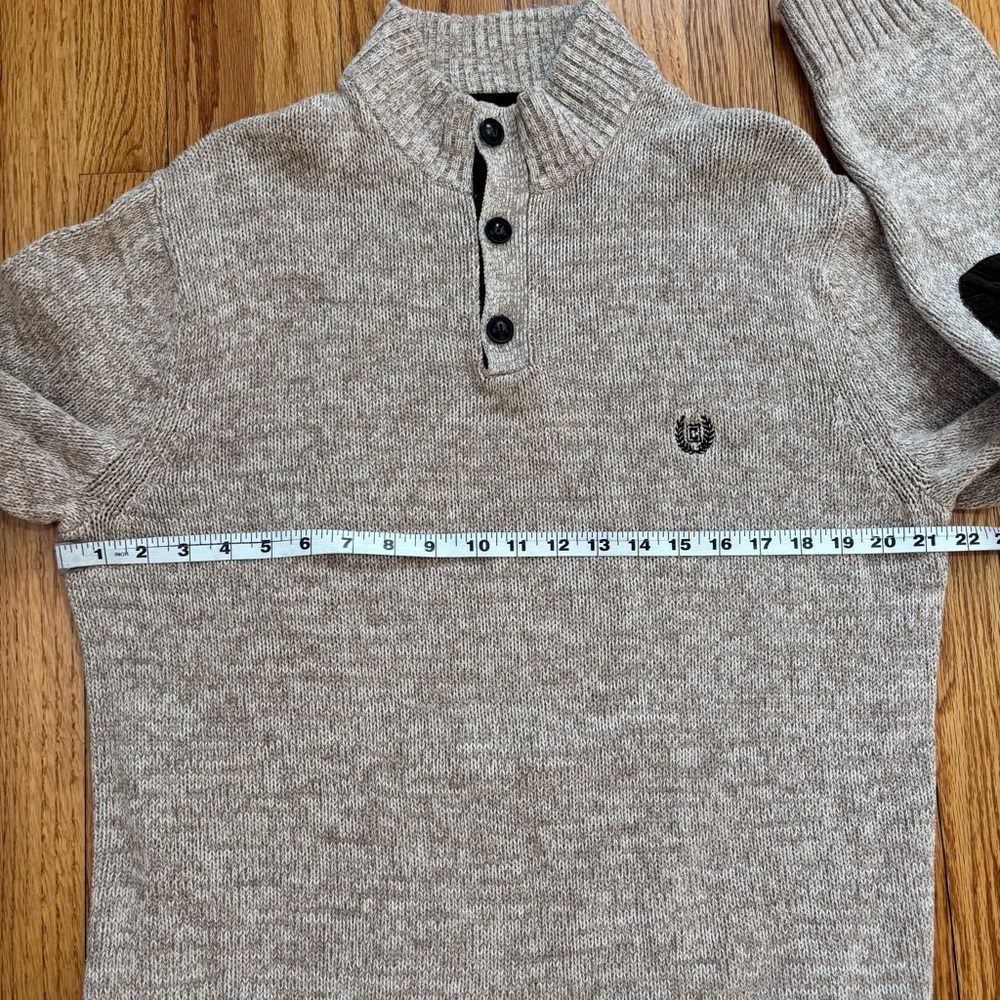 Chaps Men Beige Brown Quarter Button Long Sleeve Elbow Patch Cotton Knit sweater - Picture 12 of 16
